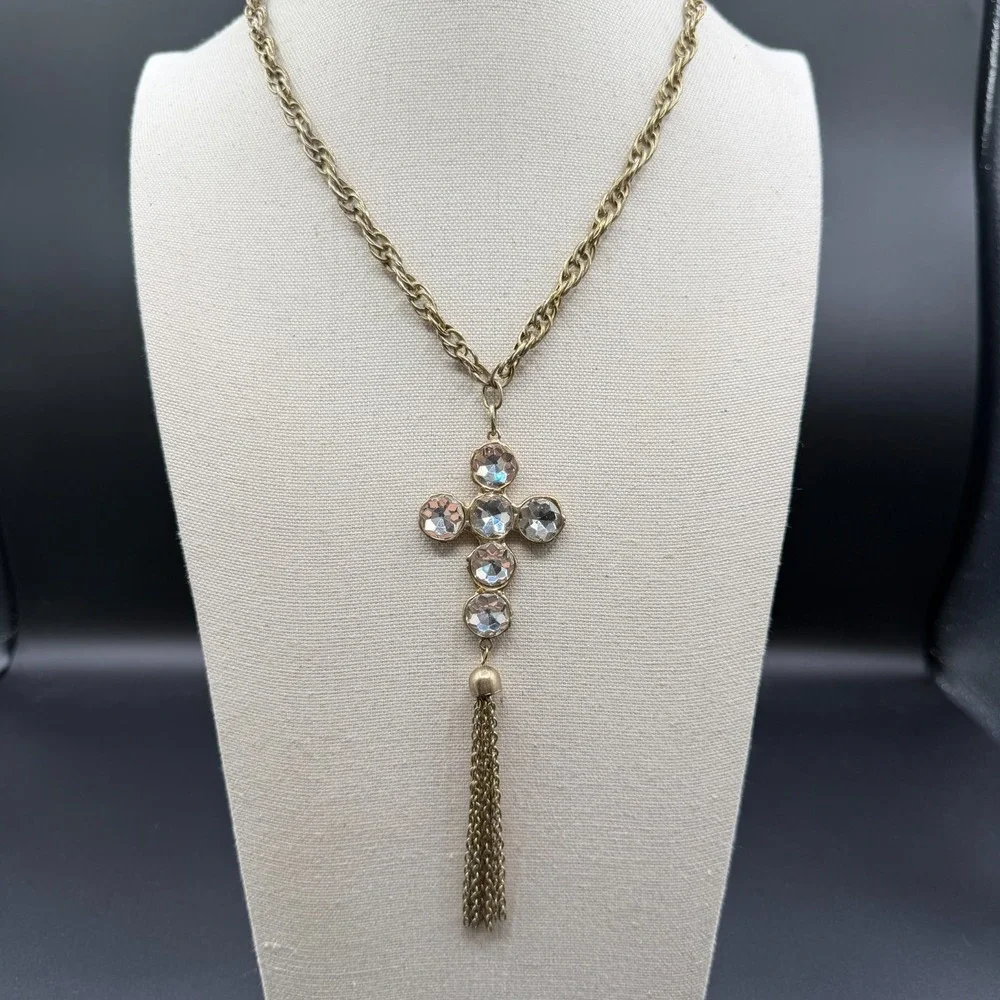 Crystal Rhinestone Cross Pendant Necklace Gold Tone Chain Tassel Statement Gift